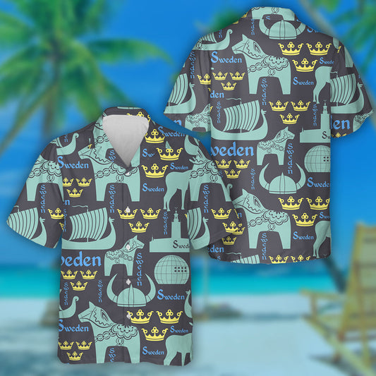 Blue National Symbols Horses Of Sweden Hawaiian Shirt, Hawaiian For Gift