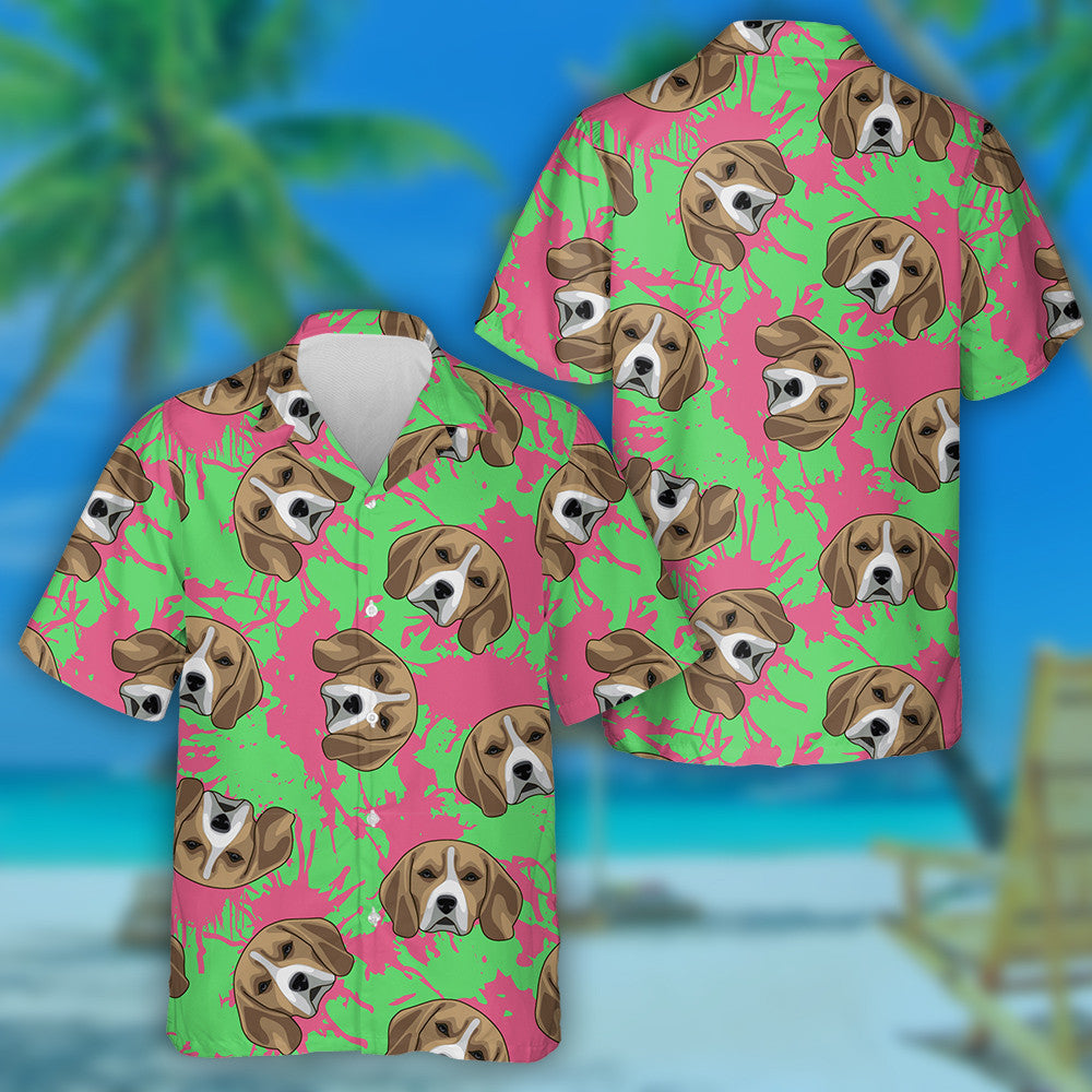 Gray Beagle And Pink Paint Splashes On Green Hawaiian Shirt, Hawaiian Shirt Gift, Christmas Gift