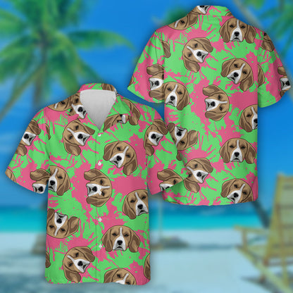 Gray Beagle And Pink Paint Splashes On Green Hawaiian Shirt, Hawaiian Shirt Gift, Christmas Gift