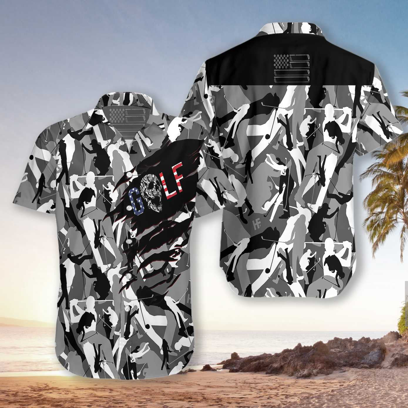 Tattered Camouflage Golf Black And White Pattern Hawaiian Shirt, Hawaiian Shirt Gift, Christmas Gift