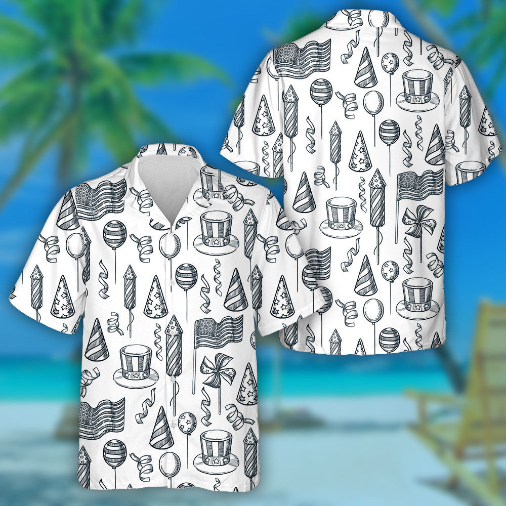 American National Symbols Sketch Illustration In Black And White Hawaiian Shirt, Hawaiian Shirt Gift, Christmas Gift