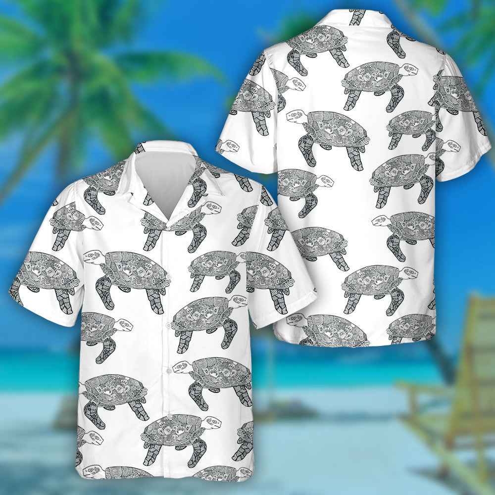 Hand Drawn Ethnic With Turtles Black And White Hawaiian Shirt, Hawaiian Shirt Gift, Christmas Gift