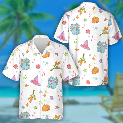 Halloween Witch Hat Ghost Cat And Autumn Flowers Hawaiian Shirt, Hawaiian Shirt Gift, Christmas Gift