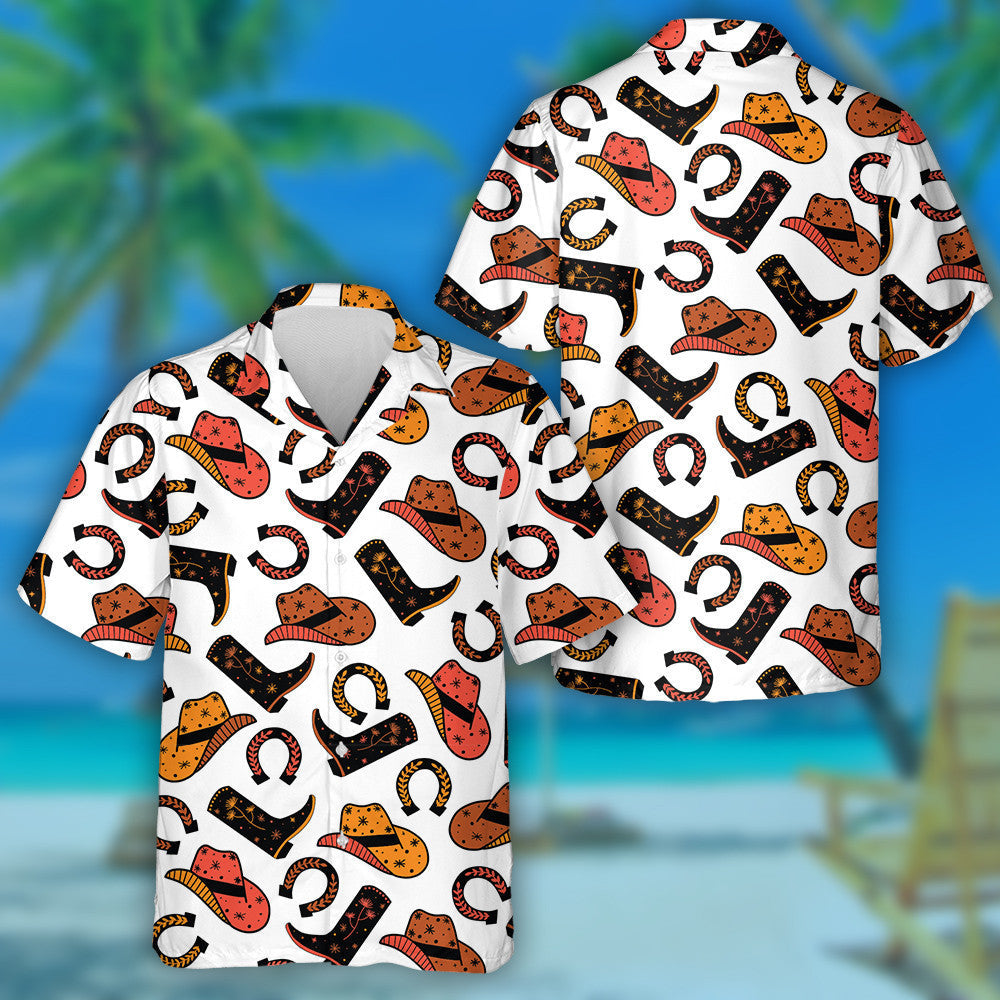 Cowboy Boots Hat Horseshoe Repeating Background Hawaiian Shirt, Hawaiian Shirt Gift, Christmas Gift