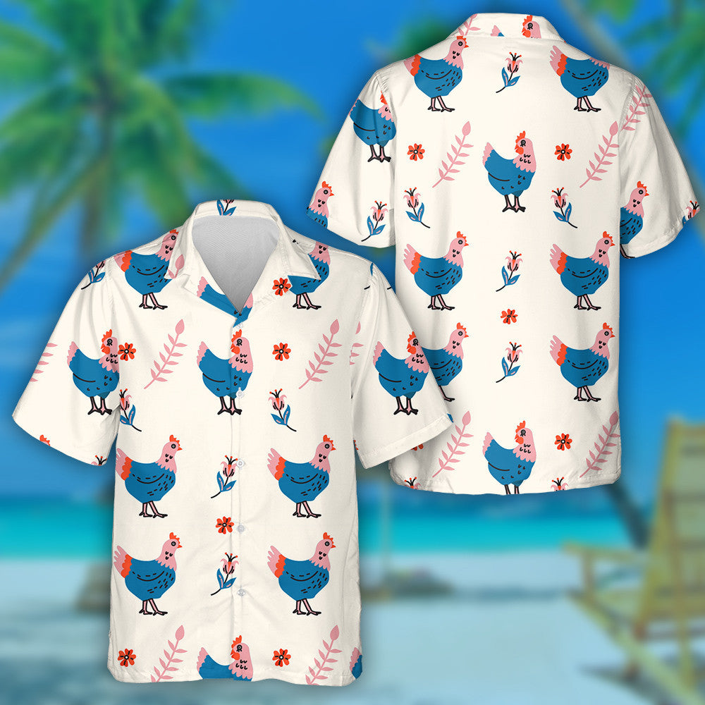 Chickens And Floral Elements On Gentle Pink Background Hawaiian Shirt, Hawaiian Shirt Gift, Christmas Gift