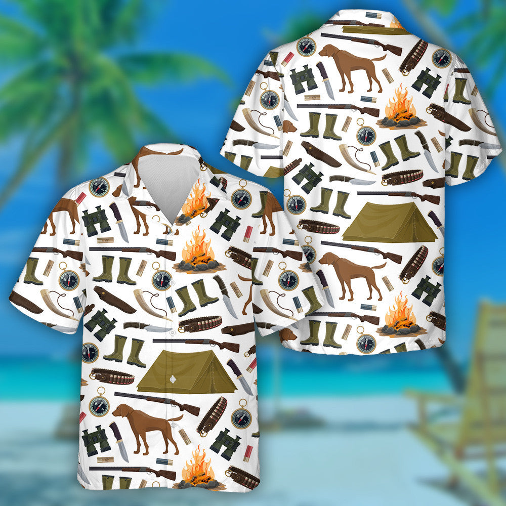 Hunting Equipment And Hunting Dog On White Background Hawaiian Shirt, Hawaiian Shirt Gift, Christmas Gift