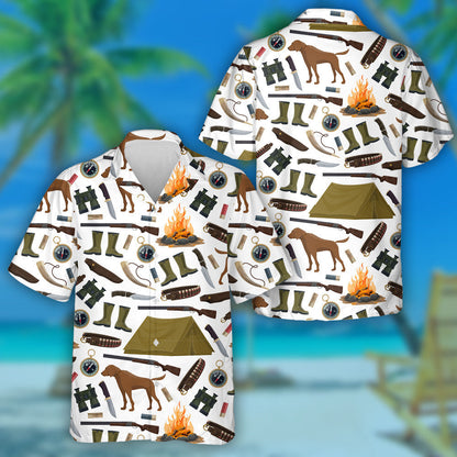 Hunting Equipment And Hunting Dog On White Background Hawaiian Shirt, Hawaiian Shirt Gift, Christmas Gift