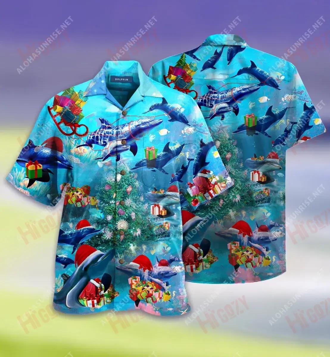 Christmas Dolphin Family Reunion Unisex Hawaiian Shirt Hobbies Short Sleeve Best Hawaiian Shirts Hawaiian Shirt Pattern, Hawaiian Shirt Gift, Christmas Gift