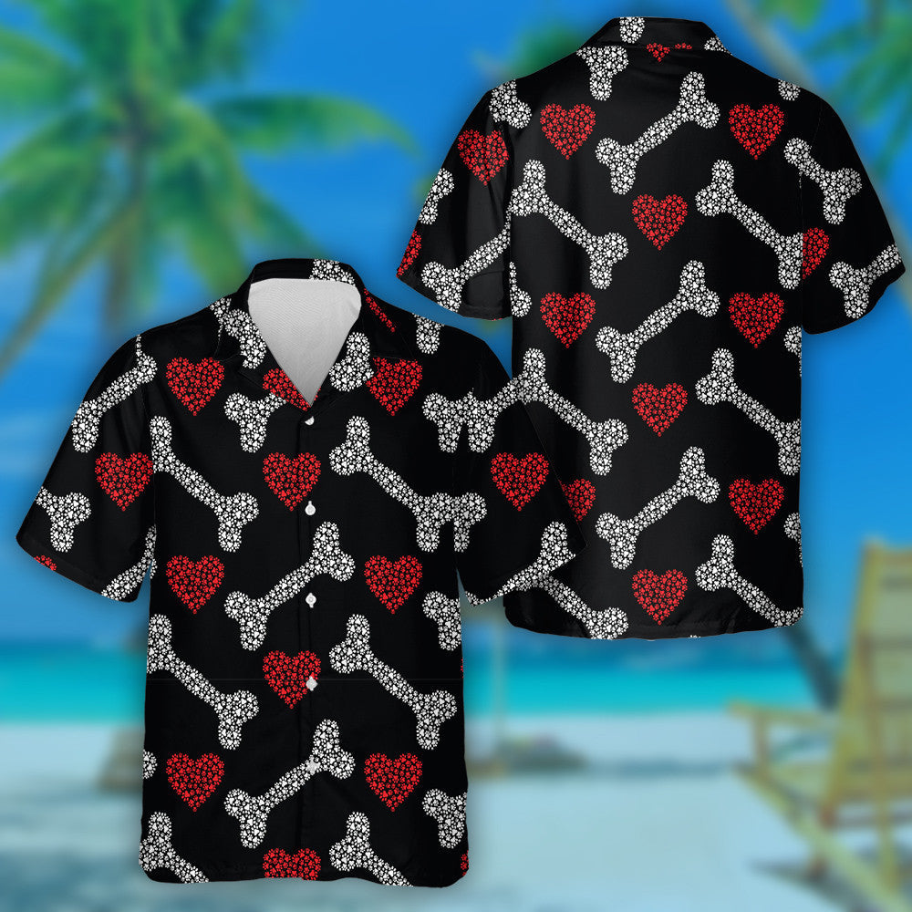Bones And Hearts Made Of Footprints Of Cat And Dog Hawaiian Shirt, Hawaiian Shirt Gift, Christmas Gift