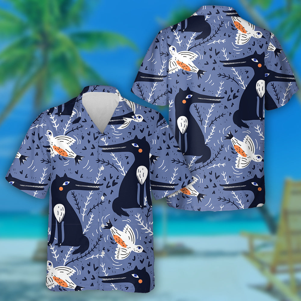 Funny Wolf And Flying Birds In Vintage Style Hawaiian Shirt, Hawaiian Shirt Gift, Christmas Gift