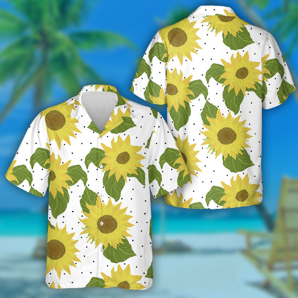 Sunflowers On White Background With Polka Dot Pattern Hawaiian Shirt, Hawaiian Shirt Gift, Christmas Gift