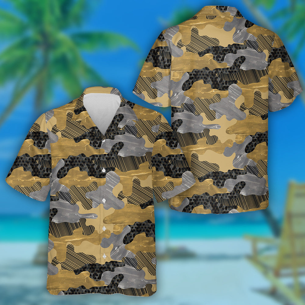 Trendy Gold Gray Marble Camouflage Geometry Pattern Hawaiian Shirt, Hawaiian Shirt Gift, Christmas Gift