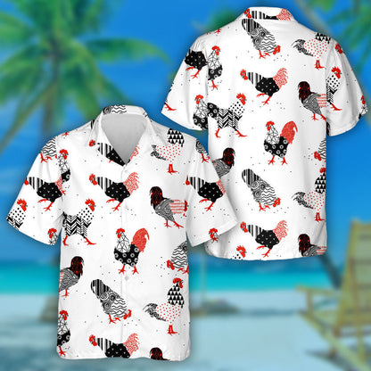 Funny Colorful Chicken Roosters On White Background Hawaiian Shirt, Hawaiian Shirt Gift, Christmas Gift