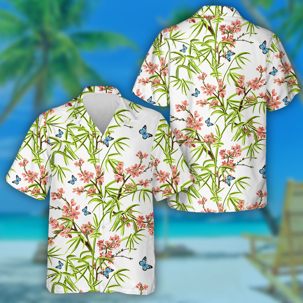 Hand Drawn Bamboo Sakura And Butterflies Hawaiian Shirt, Hawaiian For Gift