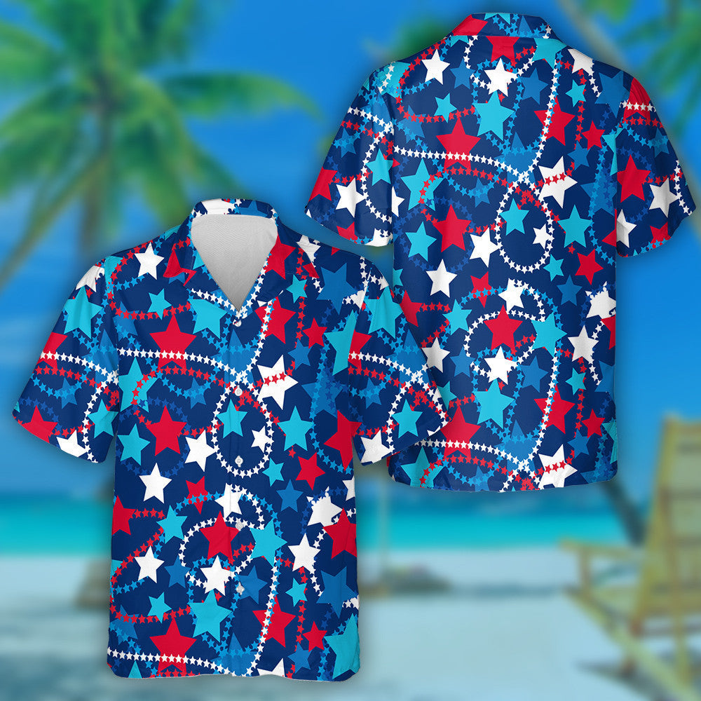 Red And Blue Star Spree On Geometric Background Hawaiian Shirt, Hawaiian Shirt Gift, Christmas Gift