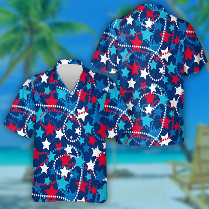 Red And Blue Star Spree On Geometric Background Hawaiian Shirt, Hawaiian Shirt Gift, Christmas Gift