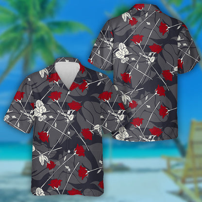 Hand Drawn Romantic Red Roses Branches Vegetation Pattern Hawaiian Shirt, Hawaiian Shirt Gift, Christmas Gift
