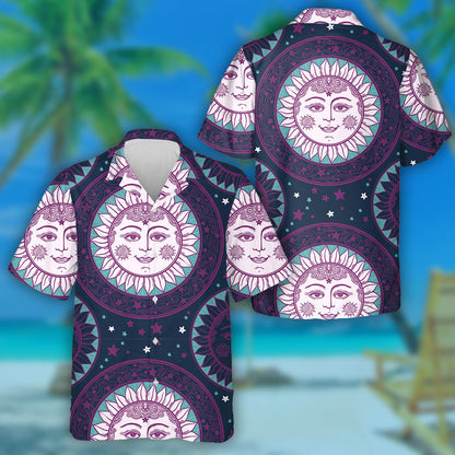 Beautiful Sun Face In Sunflowers With Stars Medallion Ornament Hawaiian Shirt, Hawaiian Shirt Gift, Christmas Gift