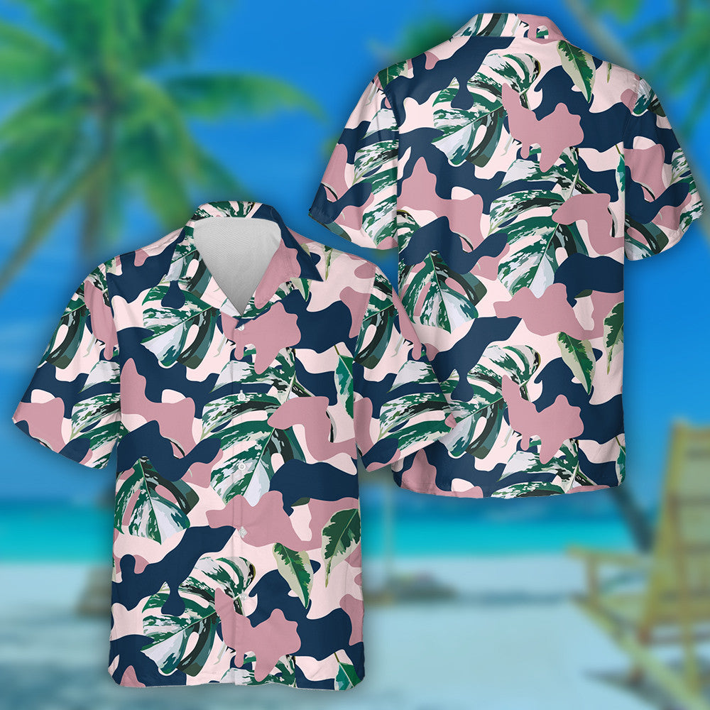 Watercolor Tropical Green Marble Leaves Pink Camo Background Hawaiian Shirt, Hawaiian Shirt Gift, Christmas Gift