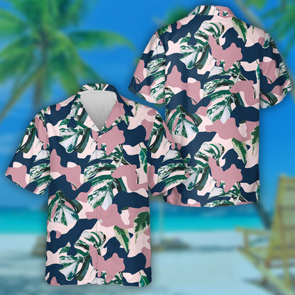 Watercolor Tropical Green Marble Leaves Pink Camo Background Hawaiian Shirt, Hawaiian Shirt Gift, Christmas Gift