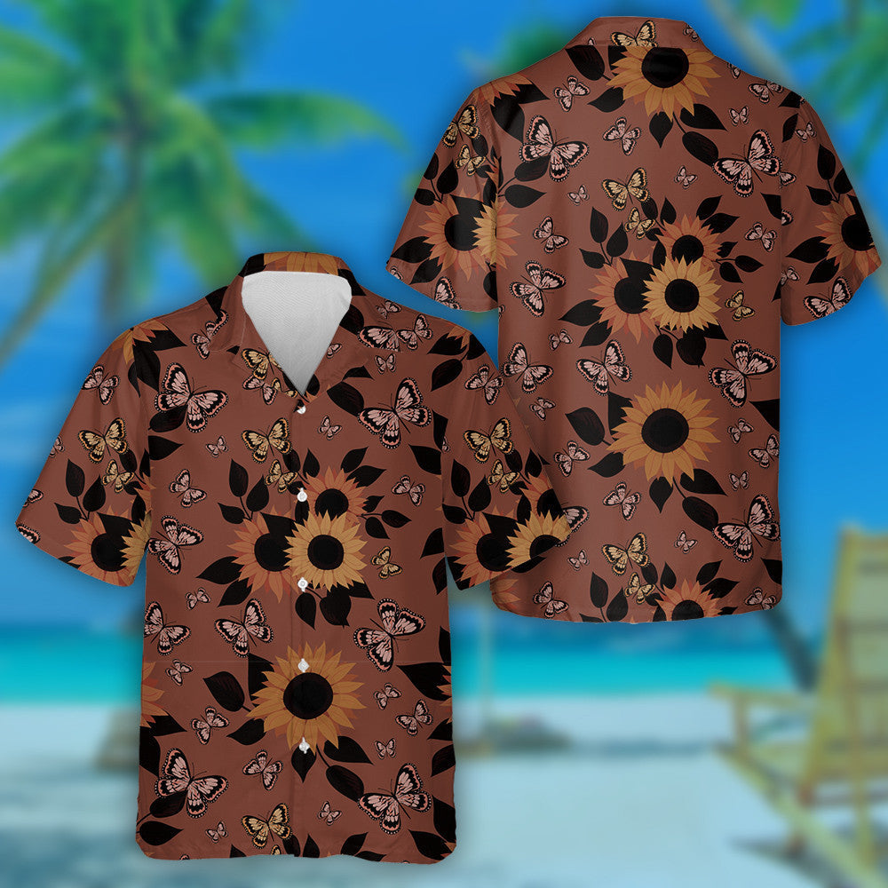 Fairy Butterflies And Sunflowers On Burnt Color Background Hawaiian Shirt, Hawaiian Shirt Gift, Christmas Gift