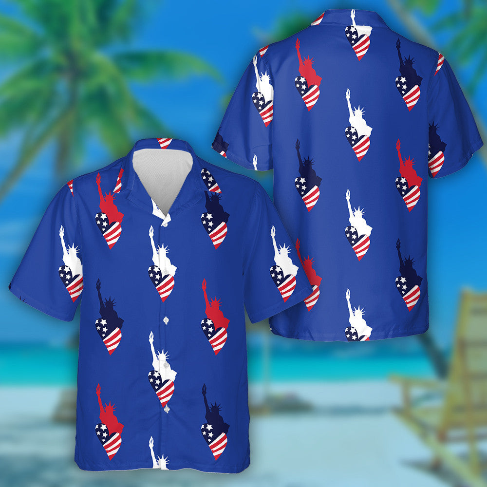 American Repeated Backdrop With Statue Of Liberty Stars Hawaiian Shirt, Hawaiian Shirt Gift, Christmas Gift