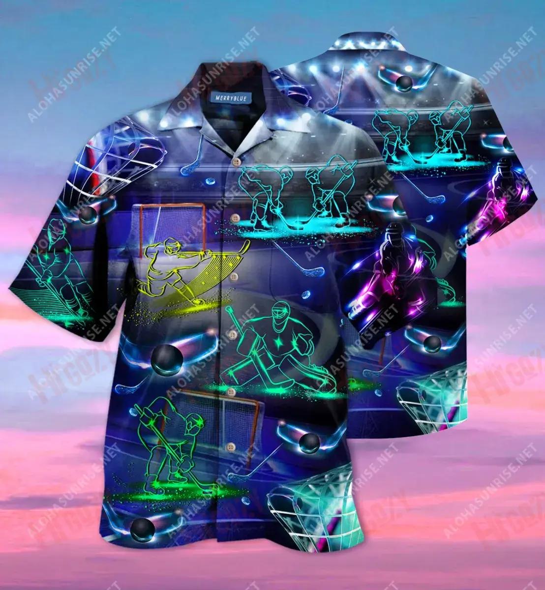 Ice Hockey Neon Art Unisex Hawaiian Shirt Hobbies Short Sleeve Hawaiian Crazy Shirts Hawaiian Shirts For Women, Hawaiian Shirt Gift, Christmas Gift