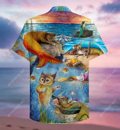 Mermaid Off Duty Cat Short Hawaiian Shirt Summer Hawaiian T Shirts Hawaiian Crazy Shirts Hawaiian Shirt Pattern, Hawaiian Shirt Gift, Christmas Gift