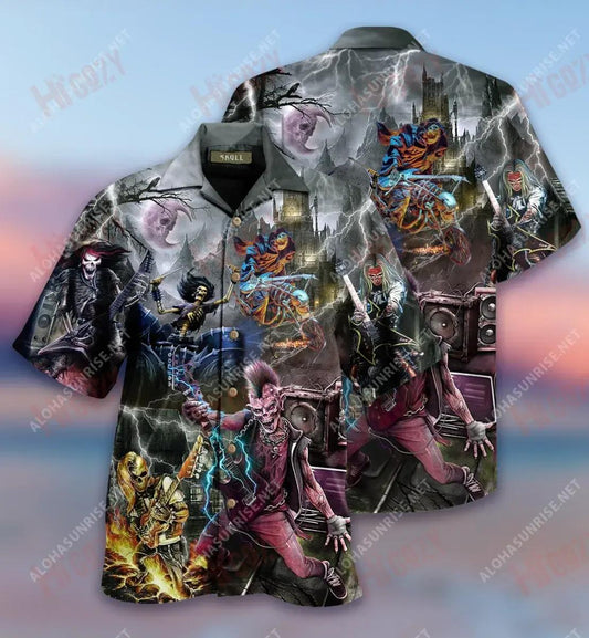Skull On Party Music At Midnight Short Hawaiian Shirt Hobbies Tropical Shirts Best Hawaiian Shirts Funny Hawaiian Shirts, Hawaiian Shirt Gift, Christmas Gift