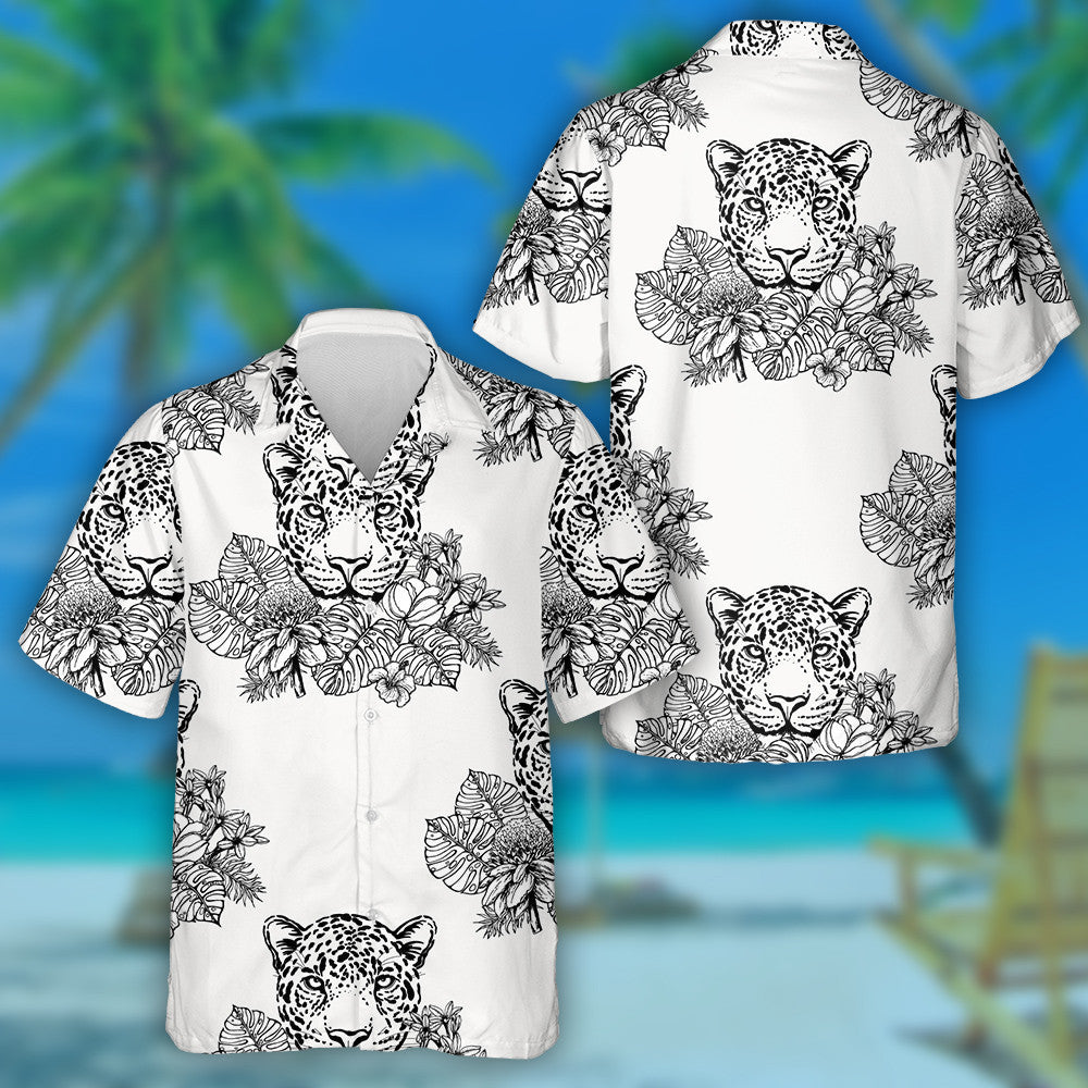 Sketch Style Portrait Of Leopard With Tropical Plants Hawaiian Shirt, Hawaiian Shirt Gift, Christmas Gift