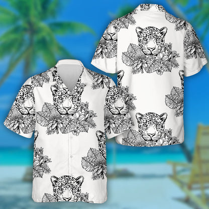 Sketch Style Portrait Of Leopard With Tropical Plants Hawaiian Shirt, Hawaiian Shirt Gift, Christmas Gift
