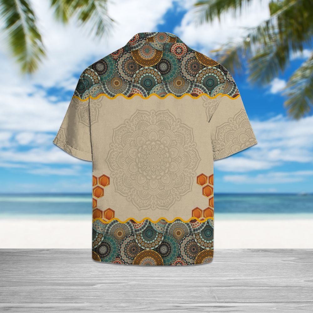 Bee Mandala On Colorful Patchwork Circle Frame Pattern Hawaiian Shirt, Hawaiian Shirt Gift, Christmas Gift