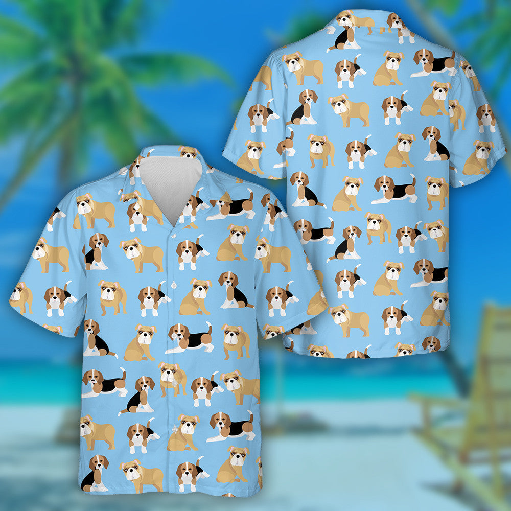 Bulldog And Beagle On Blue Background Hawaiian Shirt, Hawaiian For Gift