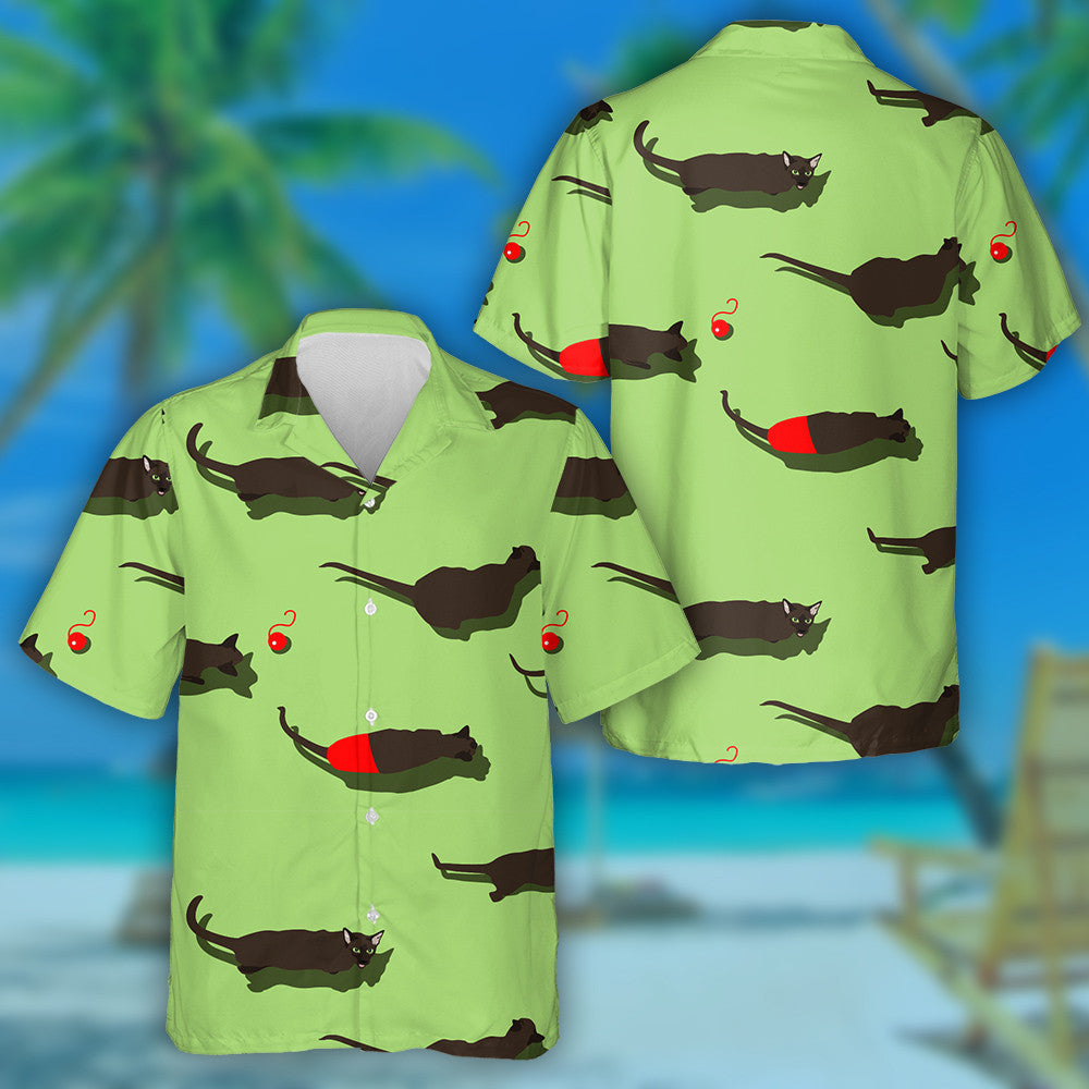 Black Oriental Cat On Green Background Hawaiian Shirt, Hawaiian For Gift