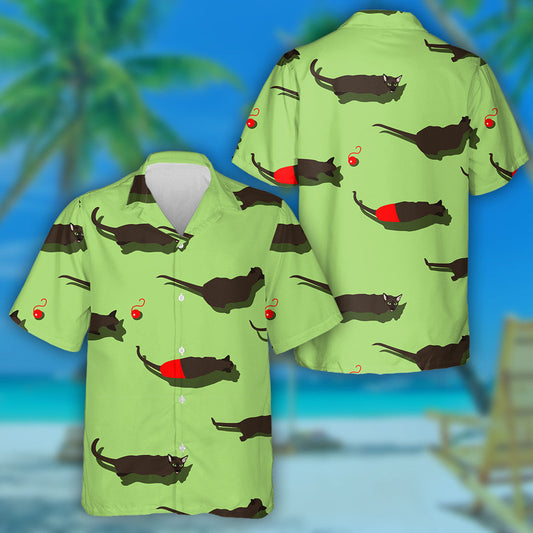 Black Oriental Cat On Green Background Hawaiian Shirt, Hawaiian For Gift