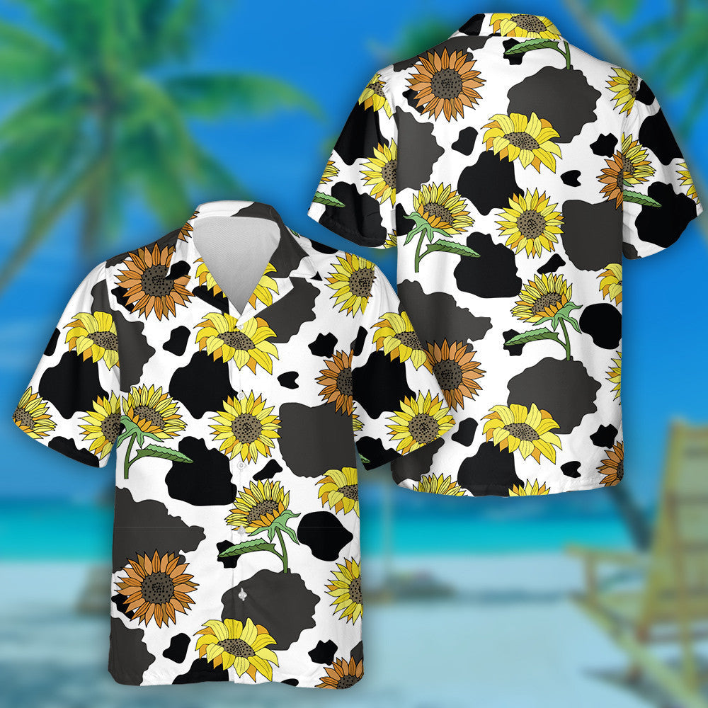 Hand Draw Black And White Cow With Sunflowers Hawaiian Shirt, Hawaiian Shirt Gift, Christmas Gift
