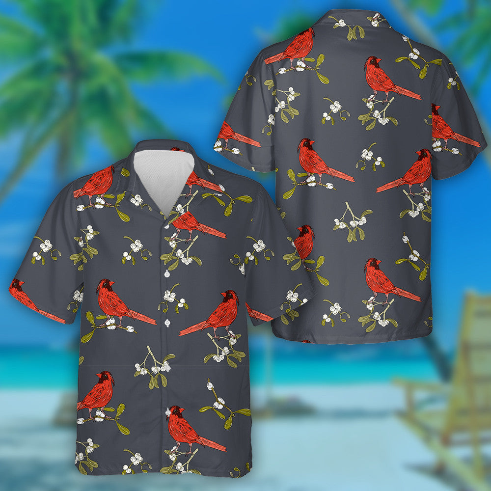 Little Red Cardinal Bird And Branch Of Mistletoe Hawaiian Shirt, Hawaiian Shirt Gift, Christmas Gift