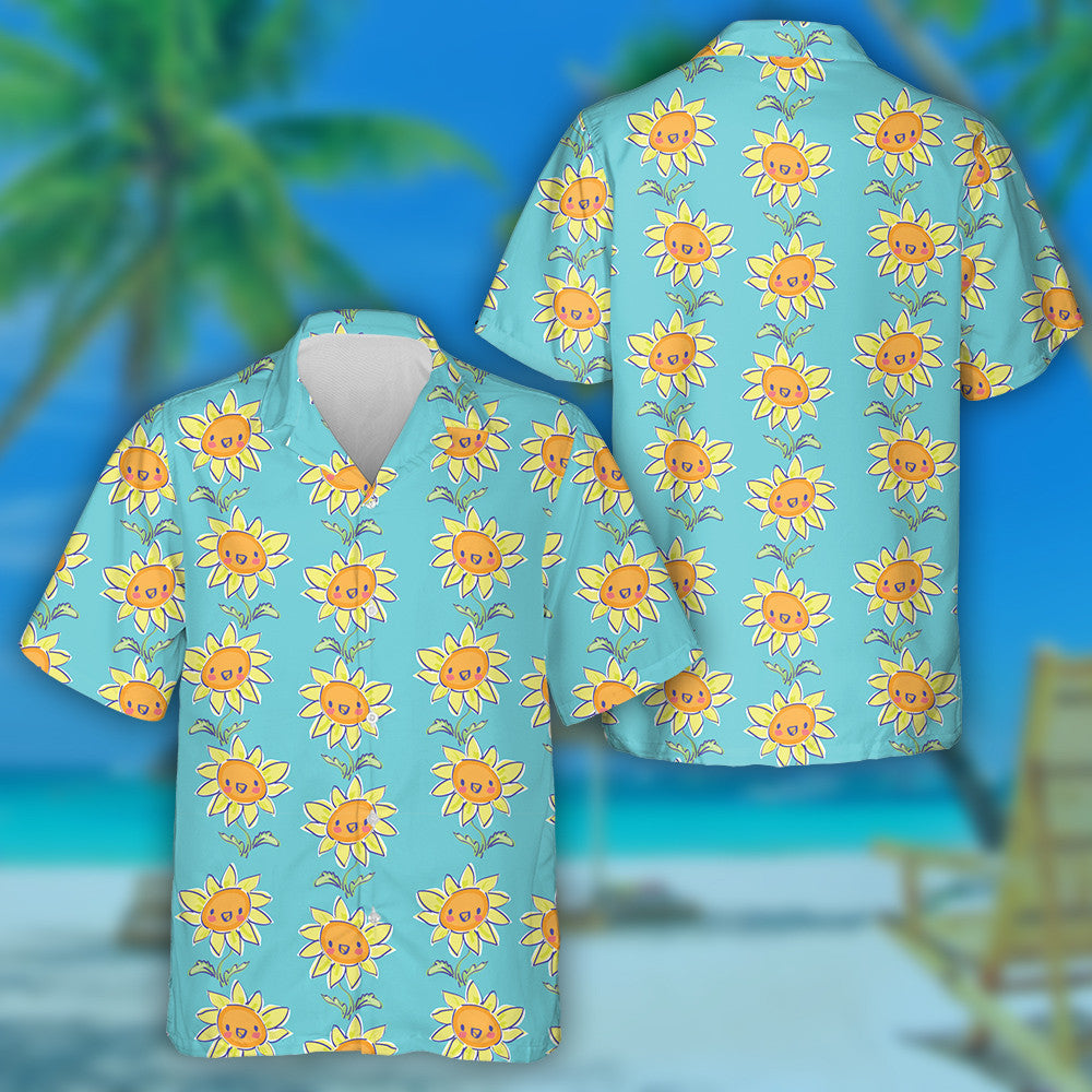 Lovely Smile Sunflower Plants On Blue Background Hawaiian Shirt, Hawaiian Shirt Gift, Christmas Gift
