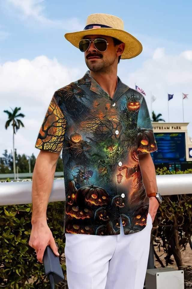 Halloween Angry Evil Pumkin Background Hawaiian Shirt,Hawaiian Shirt Gift, Christmas Gift