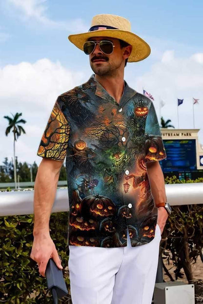 Halloween Angry Evil Pumkin Background Hawaiian Shirt,Hawaiian Shirt Gift, Christmas Gift