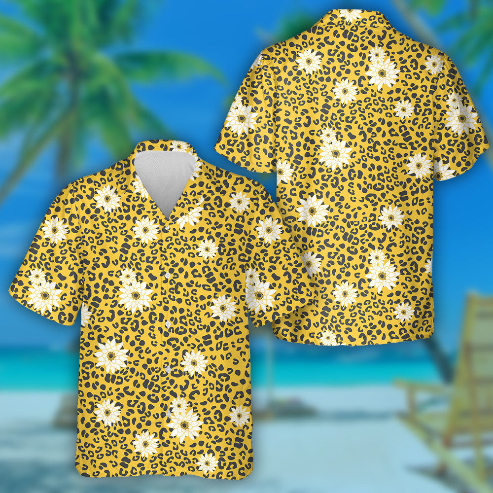 Leopard Animal Abstract Geometric With Yellow White Floral Hawaiian Shirt, Hawaiian Shirt Gift, Christmas Gift