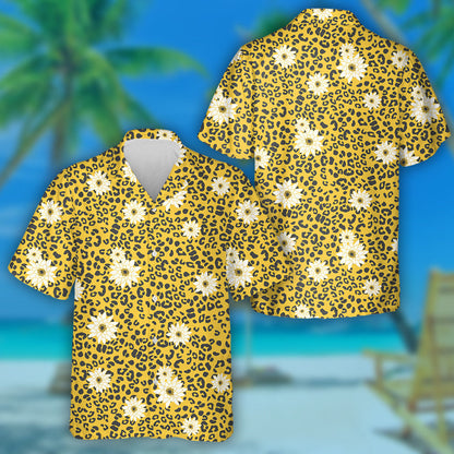 Leopard Animal Abstract Geometric With Yellow White Floral Hawaiian Shirt, Hawaiian Shirt Gift, Christmas Gift
