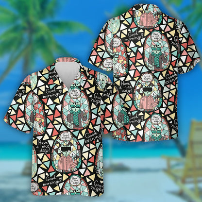 Cute Cat In Hipster Style On Colorful Mosaic Hawaiian Shirt, Hawaiian Shirt Gift, Christmas Gift