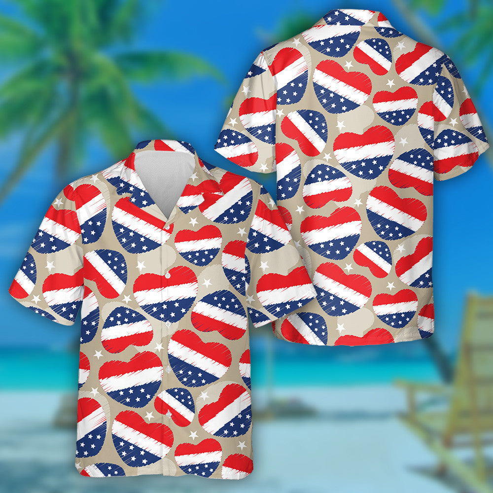 Hand Sketch Heart Shaped With USA Flag Pattern Hawaiian Shirt, Hawaiian Shirt Gift, Christmas Gift
