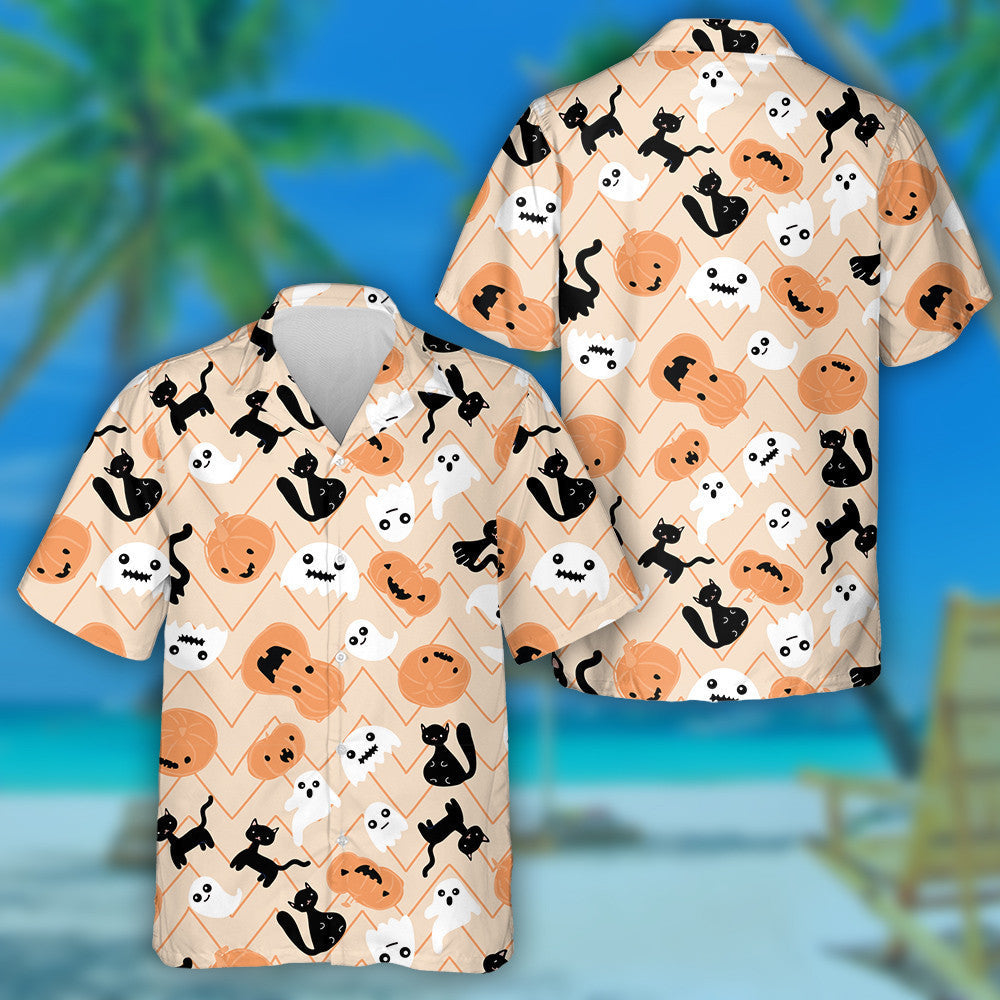 Halloween Black Cat Ghost Pumpkin Autumn Spooky Hawaiian Shirt, Hawaiian Shirt Gift, Christmas Gift