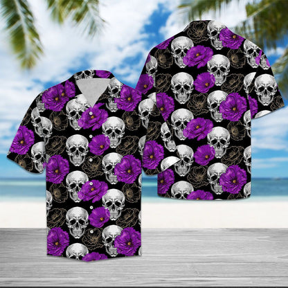 Day Of The Dead Skull Purple Flower Pattern Hawaiian Shirt, Hawaiian Shirt Gift, Christmas Gift
