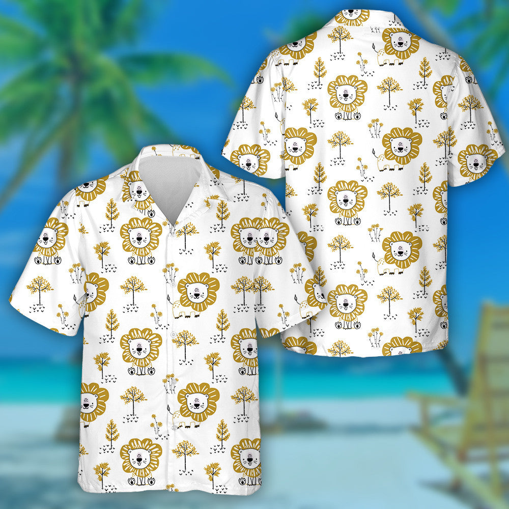 Lovely Lion And Trees On White Background Hawaiian Shirt, Hawaiian Shirt Gift, Christmas Gift