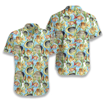 Hand Painted Tropic Fish Design Hawaiian Shirt, Hawaiian For Gift