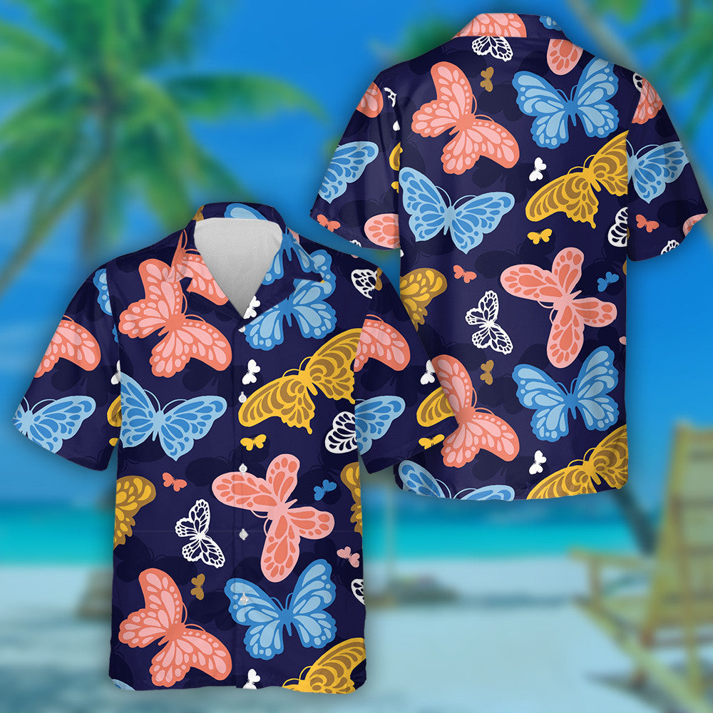 Theme Fantasy Butterflies Hand Drawn On Dark Hawaiian Shirt, Hawaiian Shirt Gift, Christmas Gift