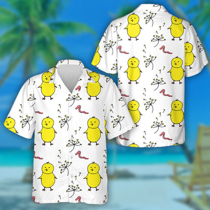 Cute Chicken With Earthworm And Dandelion Hawaiian Shirt,Hawaiian Shirt Gift, Christmas Gift